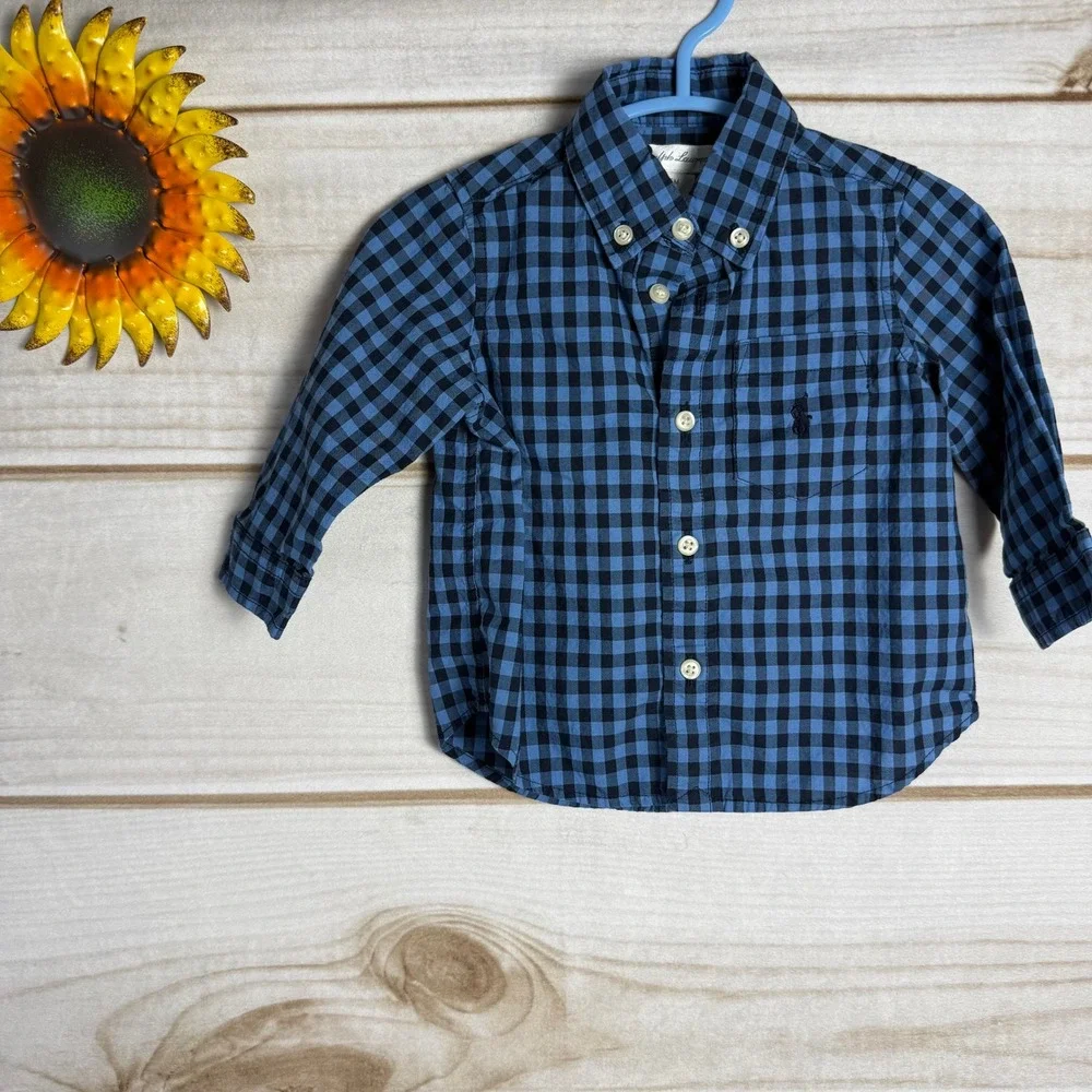Ralph Lauren Baby Boys Blue Gingham Button Down Shirt Size 6M‎